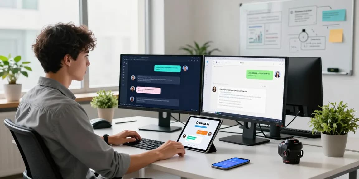 Engaging with Crush on AI in a modern workspace with chatbots on screens.