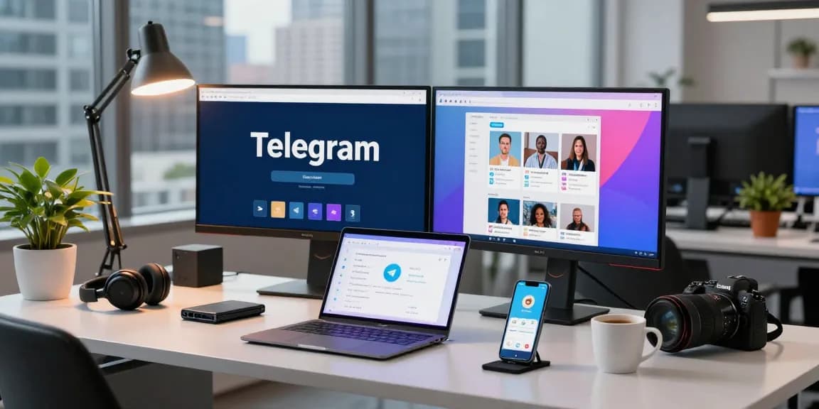 Seamless digital workspace showing the Telegram Web Version in use on a laptop.