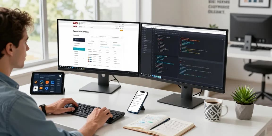 Tech professional coding while exploring the WPS Official Website in a modern workspace.
