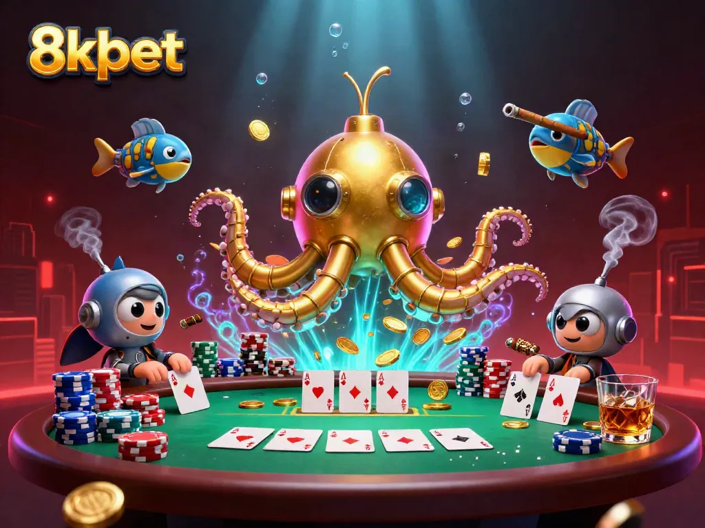 Experience the action of 8xbet with a vibrant underwater casino scene featuring a golden kraken and poker elements.