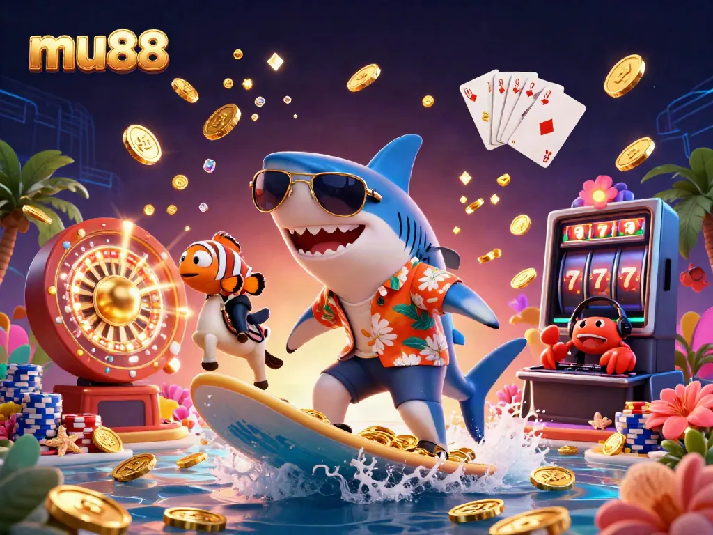 Experience thrilling wins at mu88 with a shark surfing gold coins in a dynamic casino scene.