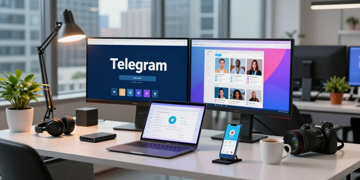 Seamless digital workspace showing the Telegram Web Version in use on a laptop.