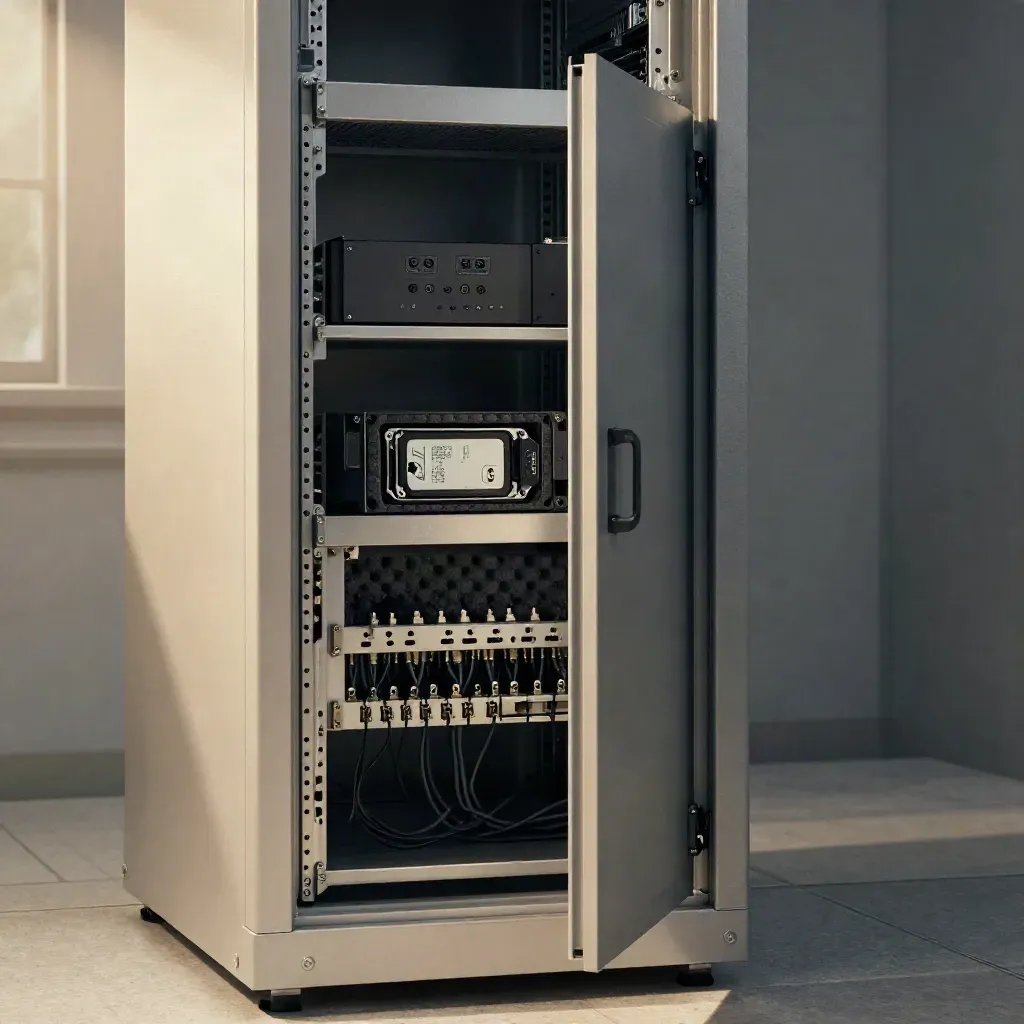 Öppet serverrack med HSM-modul och ordnad patchpanel i ett tekniskt rum.