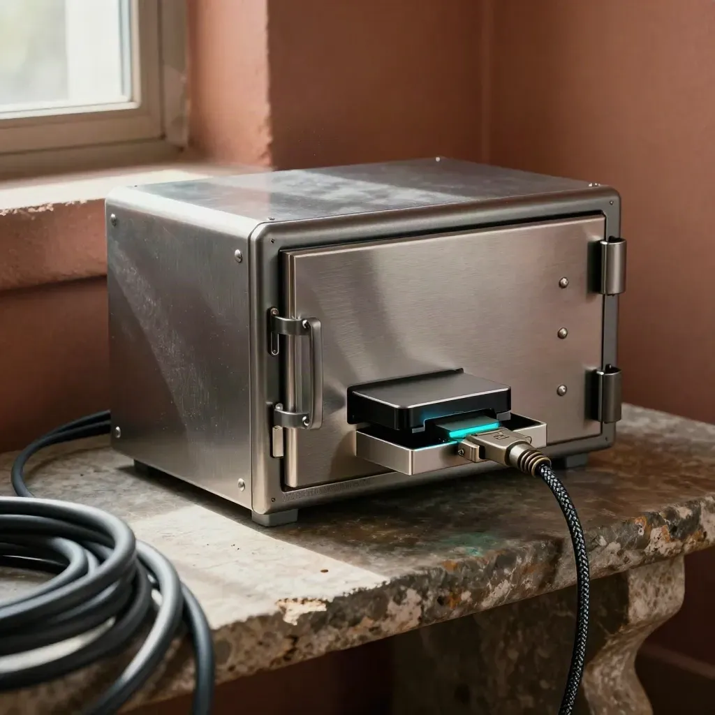 Transfervault, krypterad enhet och fiberlänk på stenbänk i varm ljusstråle