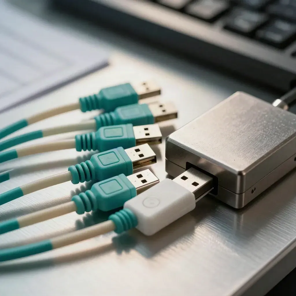 Kryptografiskt verktygskit med fiberkablar, USB-token och write-blocker på aluminiumyta