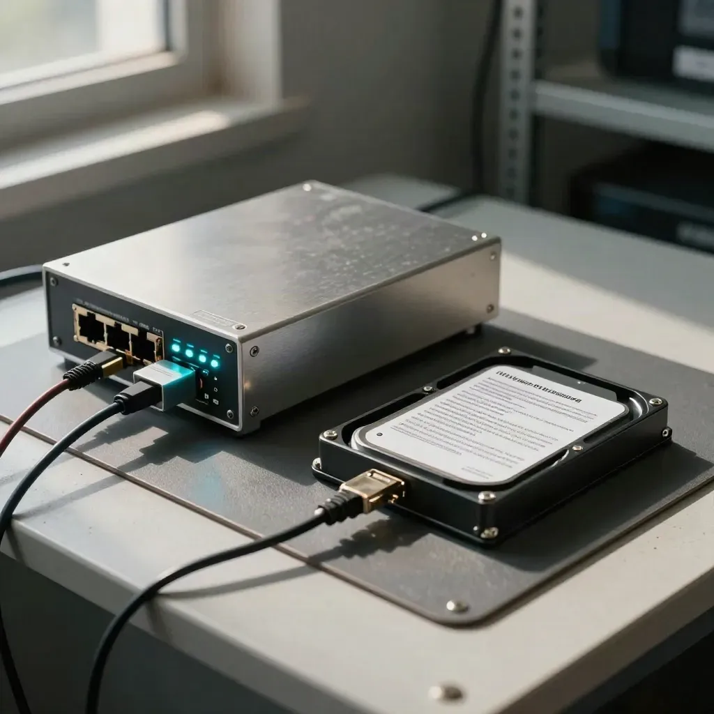 Forensisk hårddisk, write-blocker och nätverkstapp på labbänk med blå indikatorljus.