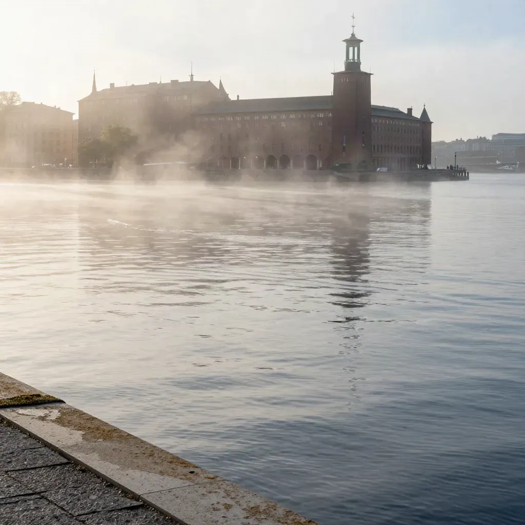 Stockholms skyline i gryningsdimma över stilla vatten och stenpir.