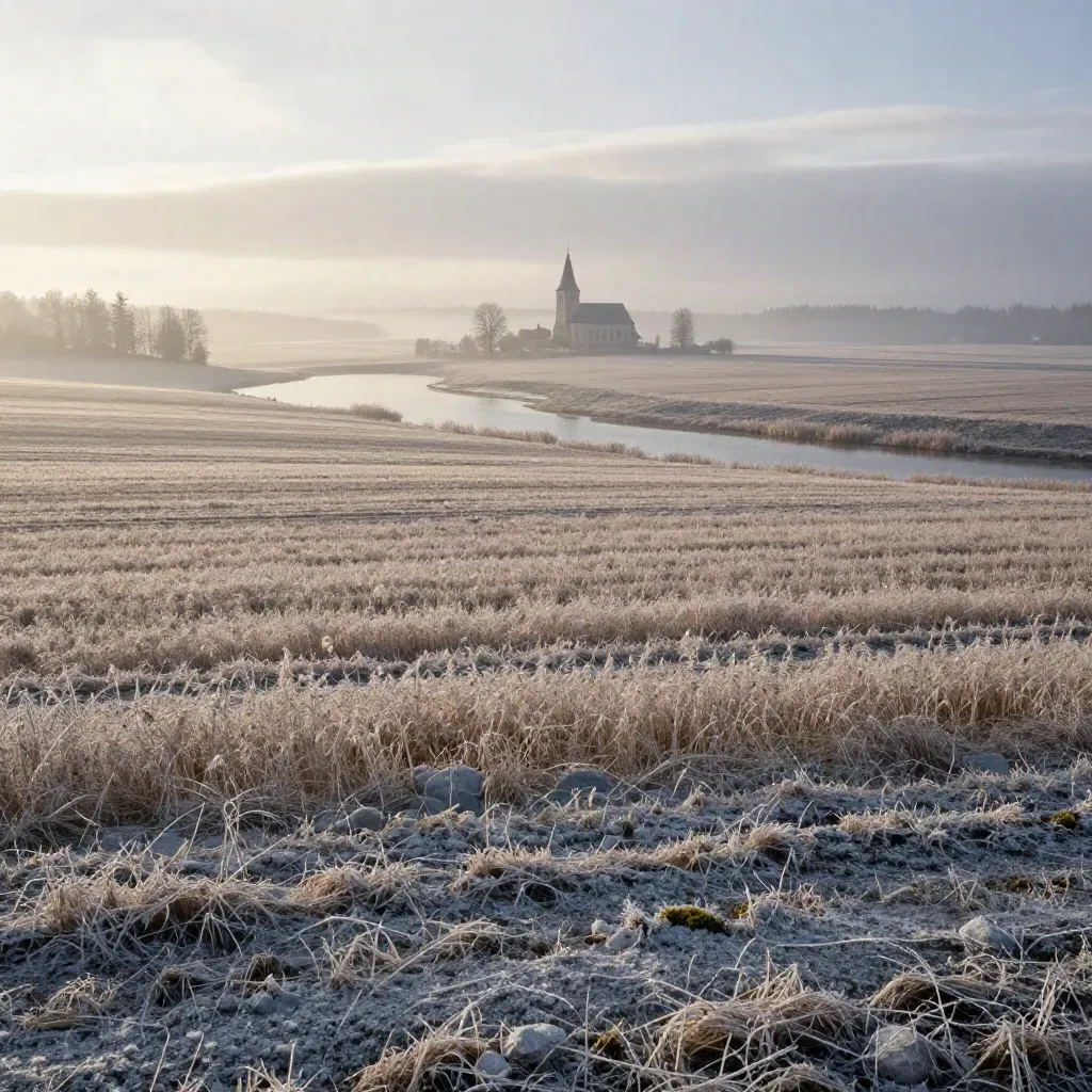 Mälardalens vinterfält med iskantad vik och en avlägsen kyrksilhuett i morgondimma.