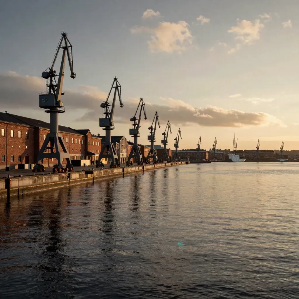 Göteborgs hamnkranar och tegelkajer i gyllene kvällsljus över lugnt vatten