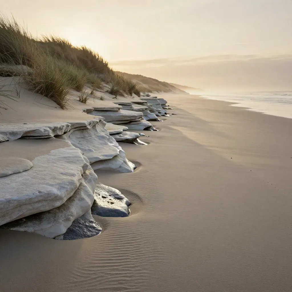 Ljus kalkkust i Skåne med sandbankar och dimmig horisont i mjuk kvällssol.