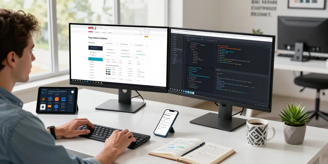 Tech professional coding while exploring the WPS Official Website in a modern workspace.
