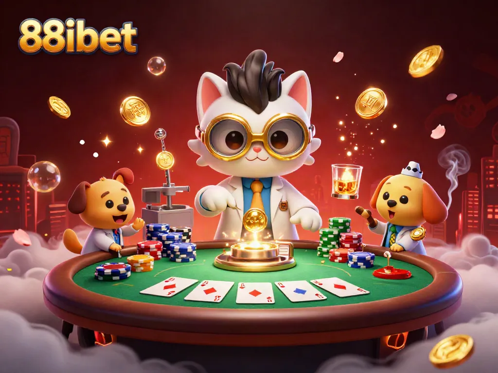 Bet showcase featuring 88ibet's vibrant cartoon scene with a scientist cat and dog creating riches.