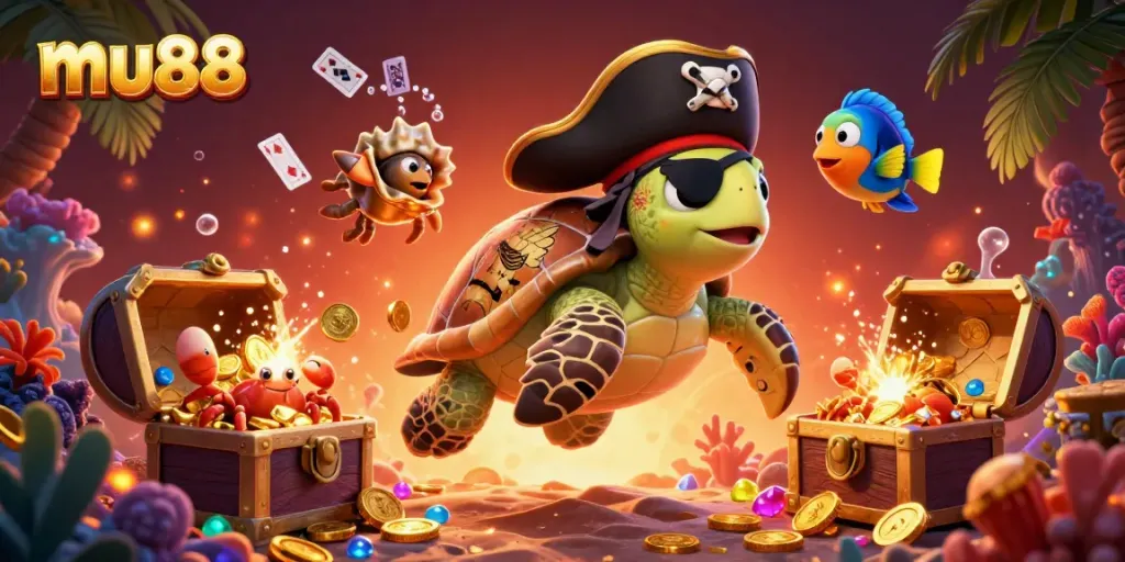 Experience thrilling treasures with mu88, featuring a pirate turtle and colorful gems in 3D.