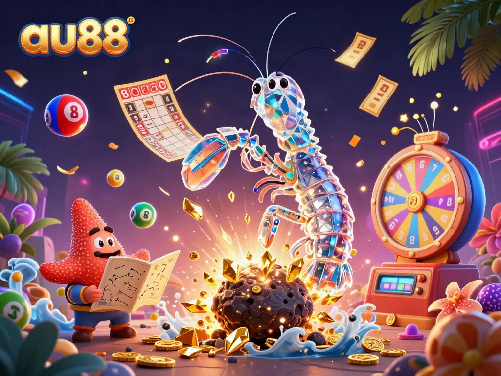 Win big at au88 with vibrant lottery balls and a galactic samurai in a dynamic casino scene.