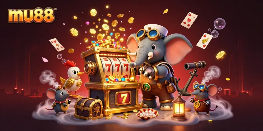Experience the excitement of mu88 with a steampunk elephant at a dynamic casino scene, symbolizing winning opportunities.