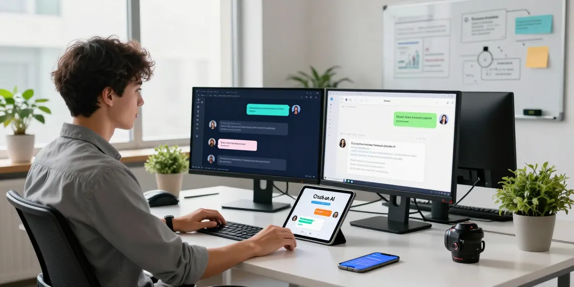 Engaging with Crush on AI in a modern workspace with chatbots on screens.